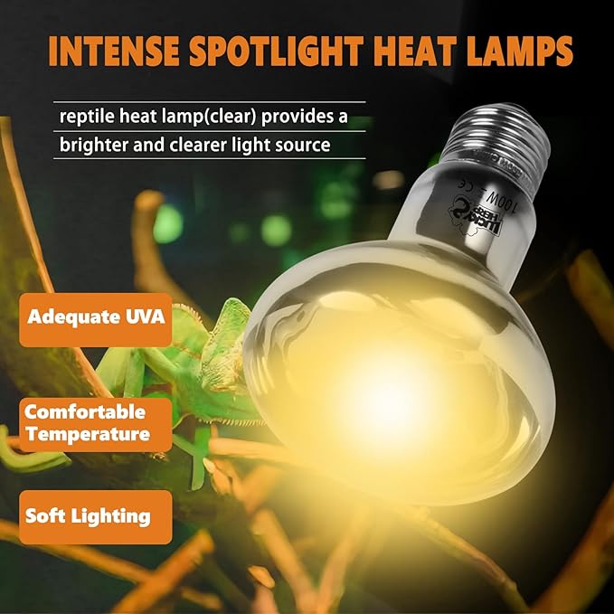 LUCKY HERP Heat Lamp Bulbs, UVA Intense Basking Spot Light Reptile Heat Lamp(Clear) 100W, Simulated Natural Sunlight Heat Lamp Bulbs for Reptile, Bearded Dragon, Amphibian, Turtle, Snake, Lizard LUCKYHERP
