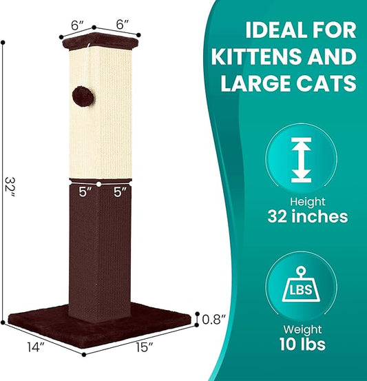Cat Scratching Post, 32 Inch Cat Scratching Post for Large Cats, Cat Scratcher with Nature Sisal, Cat Scratch Post for Indoor Large Cats and Kitten, Brown - PAWPICO