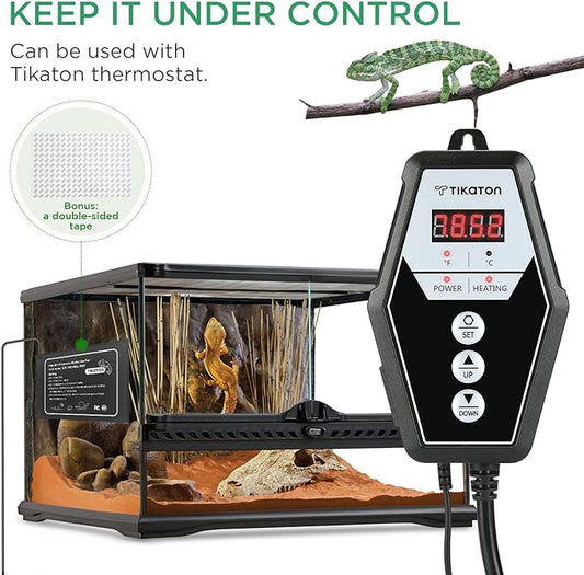 Tikaton Reptile Heating Pad and Digital Thermostat Combo Set, Under Tank Heater for 10-20gal/30-40gal Tank, Terrarium Heat Mat for Turtle/Snake/Lizard/Frog/Spider/Plant Box Tikaton