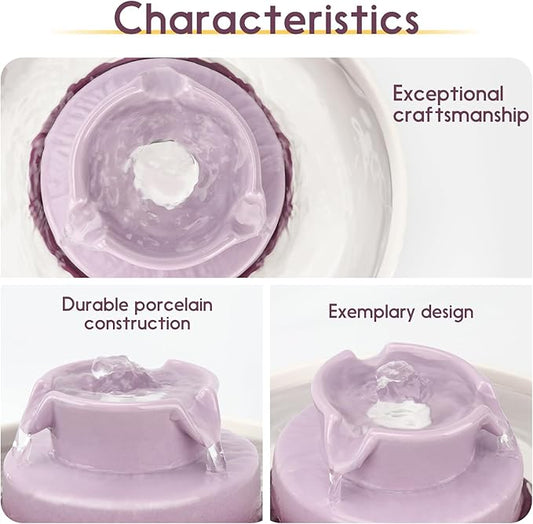 Ceramic Cat Water Fountain, 2.1L/71oz Cat Fountain with 3 Carbon Filters and 2 Water Pumps, Cupcake Pet Water Fountain for Cats and Dogs (Purple) - PAWPICO