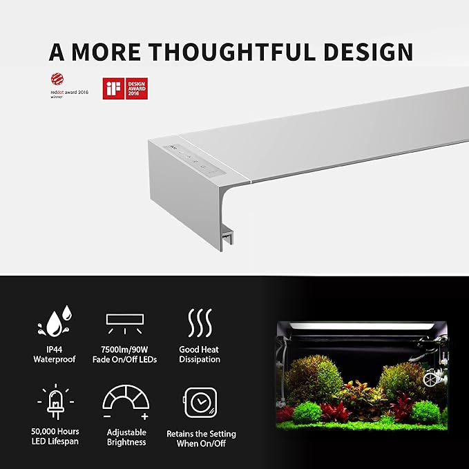 ONF Flat One+ 36-inch 24/7 Automated LED Aquarium Light, 3000-6500K Yellow White LED, Mobile APP Remote Controlled, Dimmable Full Spectrum Sunrise/Sunset for Plant Growth, Hood Style for Fish Tank ONF