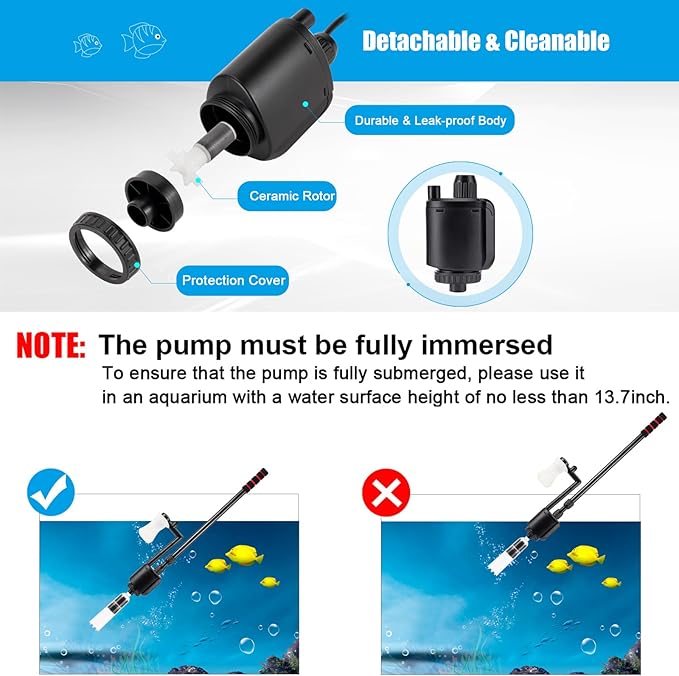 AQQA Aquarium Gravel Cleaner, 6-in-1 Electric Fish Tanks Gravel Vacuum Cleaner Set for Remove Dirt, Change Water, Wash Sand, Water Shower, Water Circulation (20W, 320GPH) AQQA