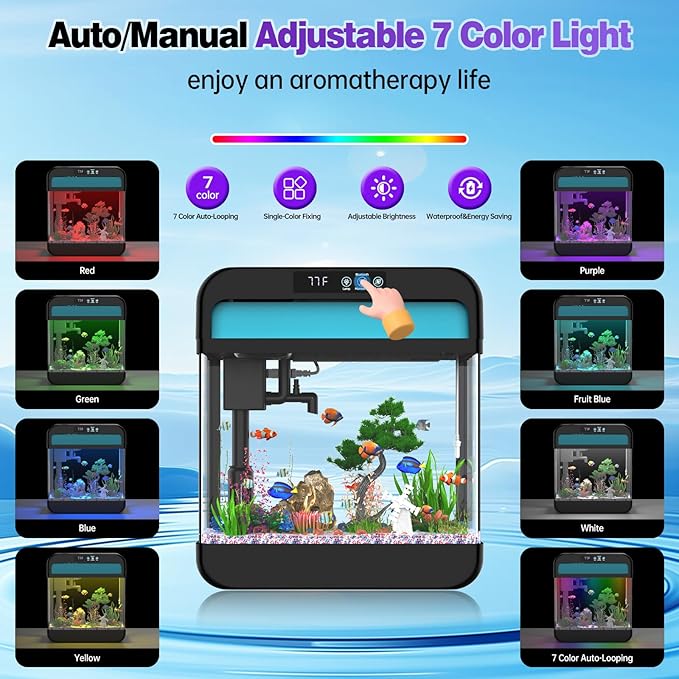 Fish Tank Aquarium 2.2 Gallon Fish Bowl with Music Humidifier 7 Color Auto-Looping Light Adjustable Pump with Filtration & Aeration & Circulation, Temperature Display, Bottom Water Changer Wilody