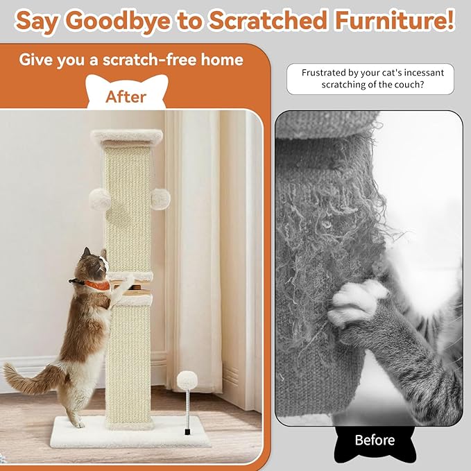 OTOB Cat Scratching Post 33 Inch, Nature Sisal Scratching Posts for Indoor Cats Adults Kitten, 6-in-1 Interactive Turntable Cat Scratch Post Protect Your Furniture, Large Cat Scratcher, Beige - PAWPICO