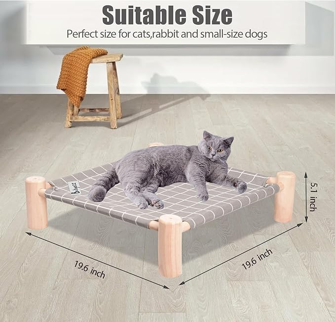 Cat Bed and Cat Hammock Bed, Small Dog Wooden Elevated Cat Bed, Pine Wood, Breathable Outdoor Cat Bed for All Seasons, Elevated Pet Sleeping for Indoor, Cat Cots Furniture Pet Bed Bunny Bed(Gray Grid) - PAWPICO