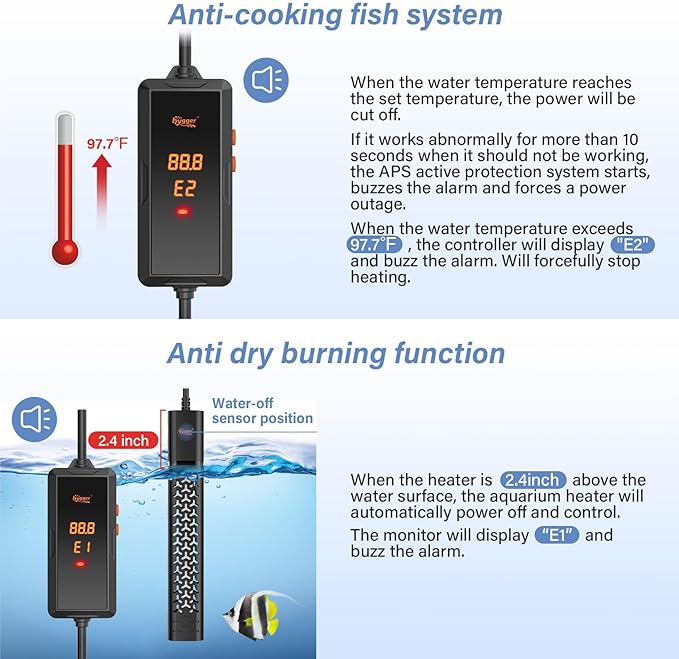 hygger 200w Aquarium Heater, Submersible Fish Tank Heater with Intelligent Temperature Control and Leaving Water Automatically Stop Heating System, for 20-40 Gallon Tanks hygger