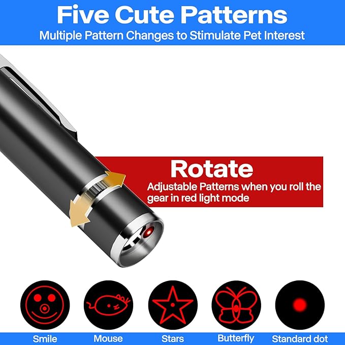 Cat Toys, Cat Toy Red Pointer for Indoor, Rechargeable, 5 Adjustable Patterns, 3 Modes Training Chaser Pet Toy Pointer, Interactive Pet Cat/Dog Toy for Cats Fun Playing Exercise(Black) - PAWPICO