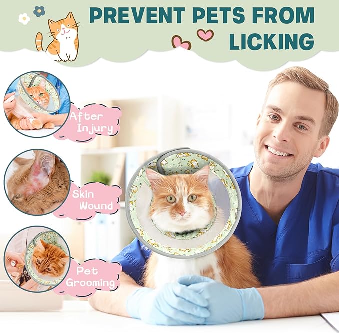 Cat Cone, Breathable Cat Cone Collar Soft, Adjustable Cat Cone to Stop Licking, Water Resistant Neck Cone for Cats with Air Mesh, Protective Cat Recovery E Collar for Cat Kitten(Green Cat,L GoGoPaw