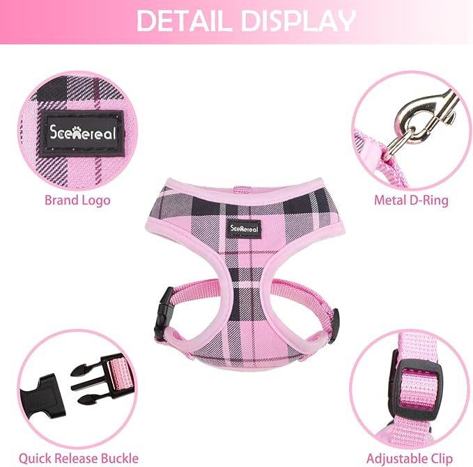 SCENEREAL Puppy Dog Harness with Leash Set for Small Medium Sized Dogs, Soft Mesh Step in Pet Harnesses and Leash, No Chock Plaid Adjustible No Pull Vest for Dogs Cats, Chihuahua,Bulldog (Pink XS) - PAWPICO