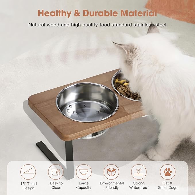 Elevated Cat Bowls, 15° Tilted Raised Cat Food Bowls Wood Pet Bowls with Stand Anti Vomiting 2 Stainless Steel Bowls for Cats and Puppy - PAWPICO
