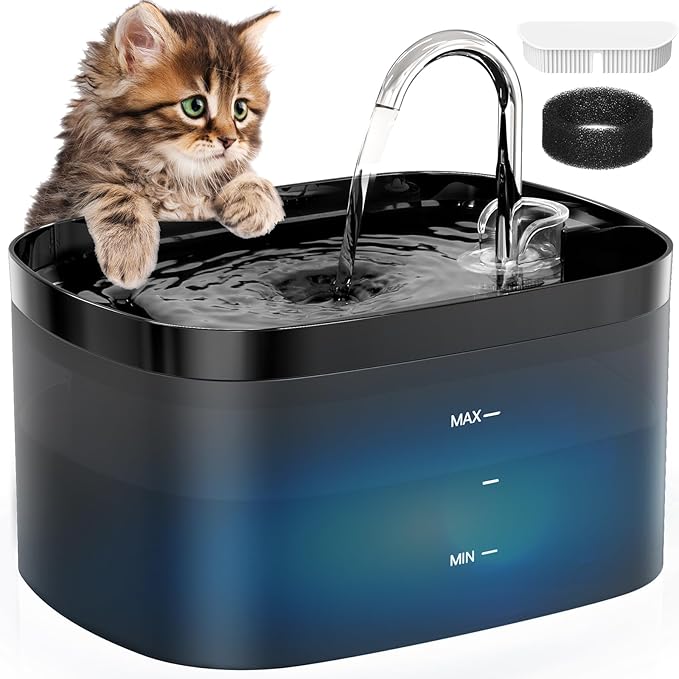 Cat Water Fountain, 84OZ/2.5L Cat Fountain, Super Silent Pet Water Fountain, Activated Carbon Filter, Translucent Pet Water Dispenser Suitable for Multiple Pets Family (Black+4Filters+4Sponges) - PAWPICO