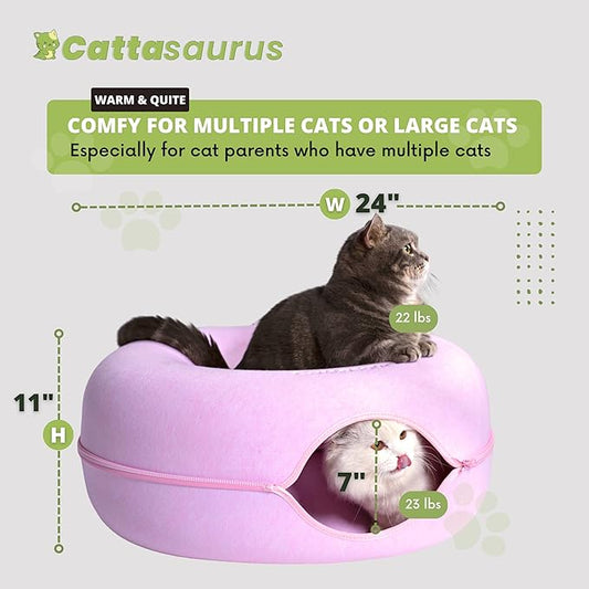 CATTASAURUS Peekaboo Cat Cave for Multiple & Large Cats Up to 30-45 Lbs, Scratch Detachable & Washable Tunnel Bed, Comfy Donut Cat Cave (Pink, Large) - PAWPICO