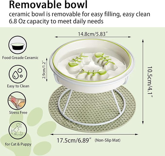 Raised Cat Dog Slow Feeder Bowl with Stand,Elevated Cat Food Bowl Shallow Design,Slow Down Eating Speed of Pets,No Whisker Fatigue Ceramic Cat Puzzy Feeder, Against Bloat,Indigestion, Easy to Clean - PAWPICO