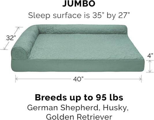 Furhaven Orthopedic Dog Bed for Large Dogs w/ Removable Bolsters & Washable Cover, For Dogs Up to 95 lbs - Pinsonic Quilted Paw L Shaped Chaise - Iceberg Green, Jumbo/XL - PAWPICO