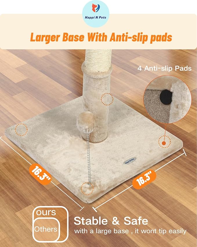 Happi N Pets 26" Cat Scratching Post with Perch, Natural Sisal Scratchers Trees for Indoor Cats, Featuring with Hanging Balls & Cozy Cat Bed, Stable Cat Scratch Posts for Kittens-Beige - PAWPICO