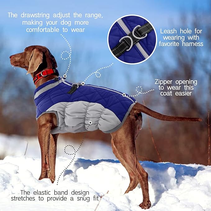 FUAMEY Dog Coat,Warm Dog Jacket Winter Coat Paded Dog Fleece Vest Reflective Dog Cold Weather Coats with Built in Harness Waterproof Windproof Dog Snow Jacket Clothes with Zipper Blue XXX-Large - PAWPICO