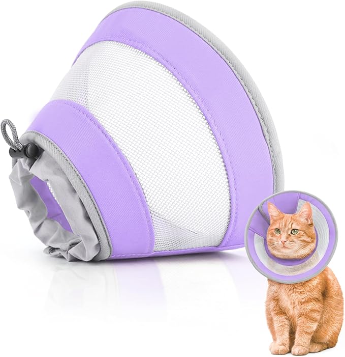 Cat Cone, Breathable Cat Cone Collar Soft, Adjustable Cat Cone to Stop Licking, Water Resistant Neck Cone for Cats with Air Mesh, Protective Cat Recovery E Collar for Cat Kitten(Purple,M-2 GoGoPaw