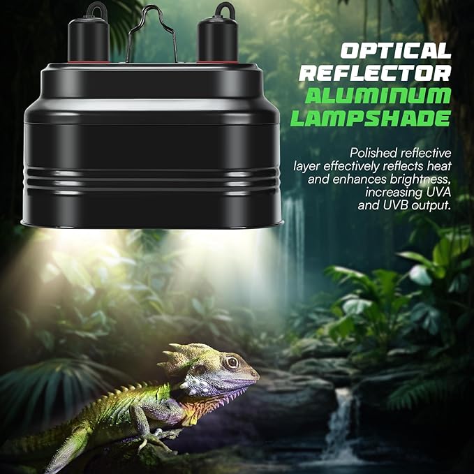 Dual Reptile Light Fixture with Thermostat Switch and Independent Switch, Deep Dome Reptile Heat Lamp Fixture Optical Reflector Lampshade for Bearded Dragon, Amphibians, Tortoise (Max 160W) WelcometoMECESORReptileWorld