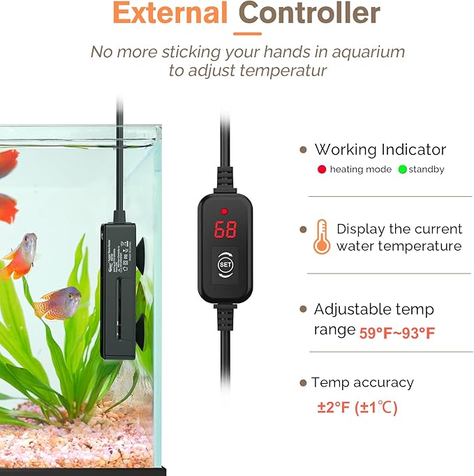 hygger Mini Fish Tank Submersible Heater 20W for 1-5 Gallons Desktop Betta Aquarium Heater with Digital Display Controller Adjustable Temperature hygger