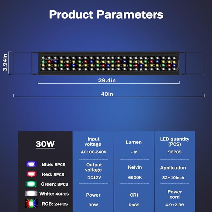 AQQA Aquarium Light,Remote Control Fish Tank Light,DIY Infinitely Adjustable Light Color,10 Light Brightnesses,2 Full Spectrum Lights,9 Dynamic Light Modes for Freshwater (30W for 32-40 inch Tank) AQQA