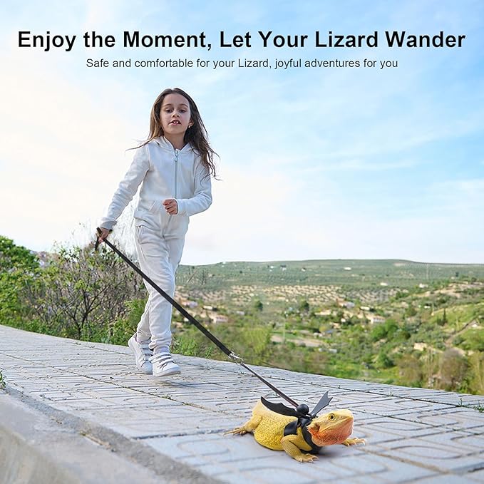 Bearded Dragon Harness and Leash Set, Adjustable Harness Soft Leather-3 Sizes (S, M, L) with Black Wing, Upgrade Lizard Reptile Leash Harness for Bearded Dragon,Lizard, Iguana or Gecko Bopurle