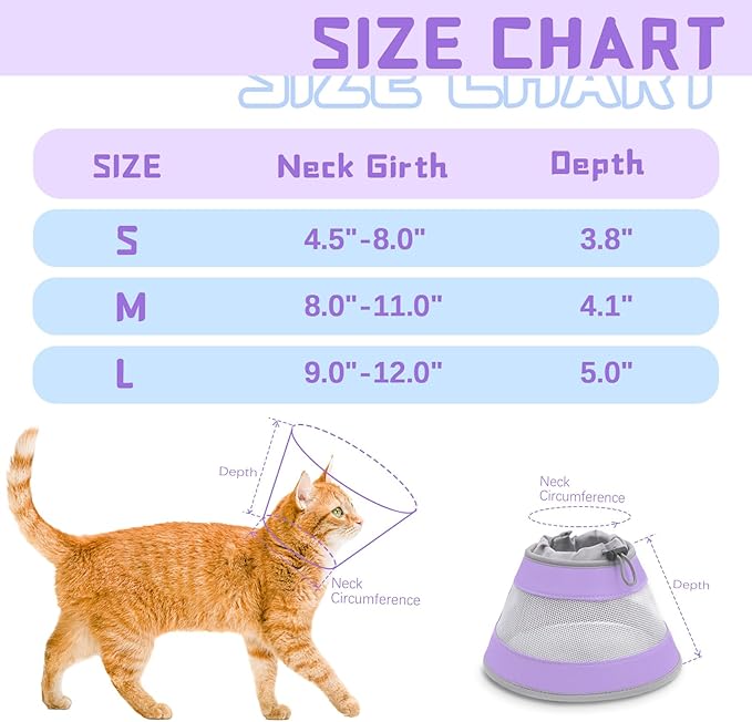 Cat Cone, Breathable Cat Cone Collar Soft, Adjustable Cat Cone to Stop Licking, Water Resistant Neck Cone for Cats with Air Mesh, Protective Cat Recovery E Collar for Cat Kitten(Purple,M-8 GoGoPaw