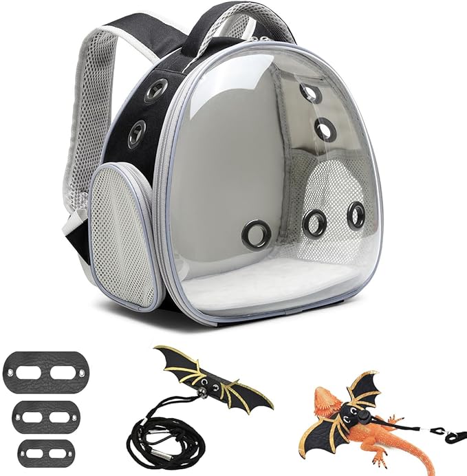 Bearded Dragon Lizard Backpack Carrier with Harness and Leash Set, Small Animal Carrier Backpack, Space Capsule Bubble Window Carrier Backpack, Small Pet Carrier Backpack, Airline Approved (Black) UOOPET