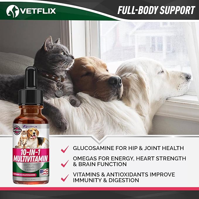 Pet Vitamins 10-in-1 Made in USA - Natural Glucosamine for Dogs & Cats, Essential Multivitamin Blend for Pet Joint Health, Longevity, Gut & Immune Health - All Ages, Breeds and Sizes 2 fl oz Vetflix