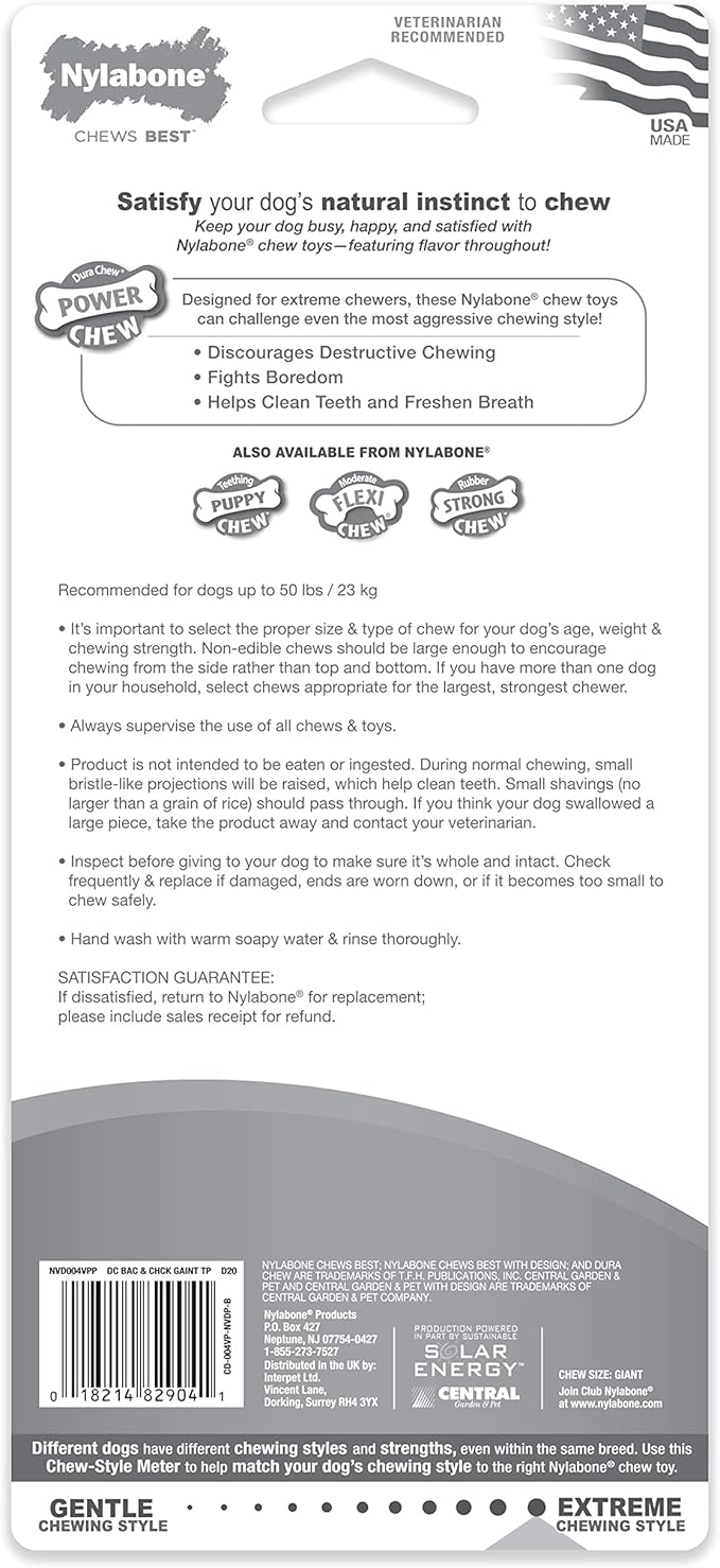 Nylabone Power Chew Classic Bone Chew Toy for Dogs, Durable Dog Toys for Aggressive Chewers, Chicken Flavor, Large/Giant - Up to 50 lbs. (2 Count) - PAWPICO