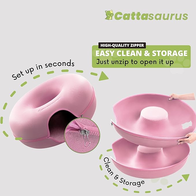 CATTASAURUS Peekaboo Cat Cave for Multiple & Large Cats Up to 30-45 Lbs, Scratch Detachable & Washable Tunnel Bed, Comfy Donut Cat Cave (Pink, Jumbo) - PAWPICO