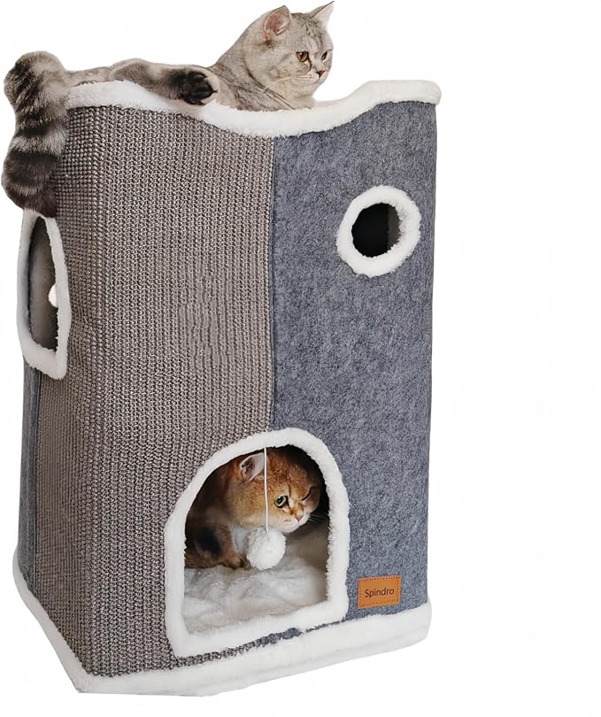 3-Level Cat House for Indoor Cats, Large Adult Cat Cave Bed Cats Cube House with Scratch Pad Cat Towers, Cute Kitten Condo Hideaway Hut with Soft Pillow Mat for Multi Pets Under 50 lbs - PAWPICO