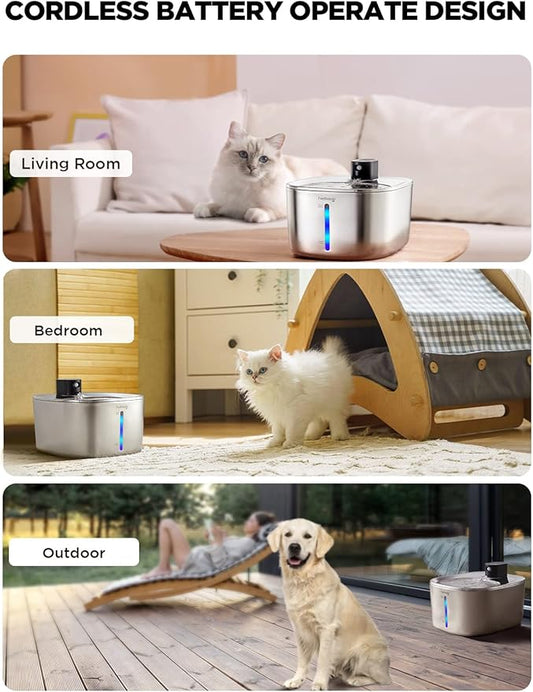Cat Water Fountain Wireless, Battery Operated, 4L/135fl oz Stainless Steel Pet Water Fountain for Cats Dogs with Motion Sensor, Ultra Quiet Cat Drinking Fountain with 6 Filters (YPD-C004S) - PAWPICO