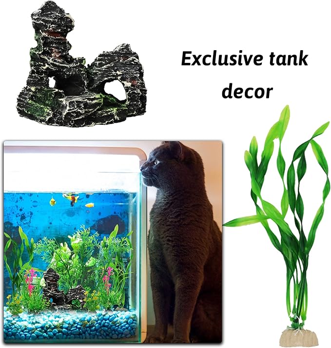 Fish Tank Accessories Aquarium Decorations Plants, 9pcs Green Fish Tank Decorations Plants and Cave Rock Decoration Decor Set, Aquarium Decor Plastic Plants PAWPICO