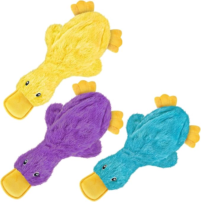 Best Pet Supplies Crinkle Dog Toy for Small, Medium, and Large Breeds, Cute No Stuffing Duck with Soft Squeaker, Fun for Indoor Puppies and Senior Pups, Plush No Mess Chew - Yellow, Purple & Turquoise - PAWPICO