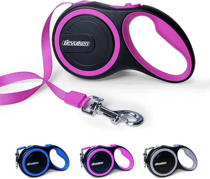 10 FT Retractable Dog Leash with No Tangle for Dog up to 33lbs, One-Handed Brake, with Non-Slip Handle, Strong Nylon Tape for Small and Medium Dogs LIEVUIKEN