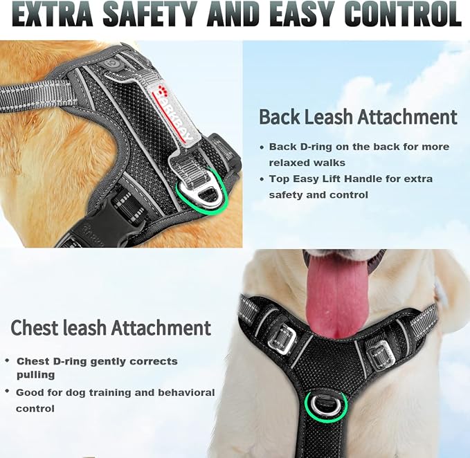 BARKBAY No Pull Dog Harness Large Reflective Dog Harness with Front Clip and Easy Control Handle for Walking Training Running with ID tag Pocket(Black,M) - PAWPICO