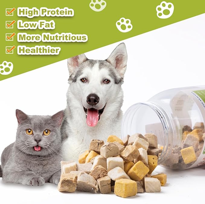 Freeze Dried Chicken Duck Salmon Cube - Cat Dog Dices Food Treats 5 in 1 Raw Egg Yolk High Protein Snacks Easy Digestion Pet Food No Fillers Preservatives or Additives for Training(5 OZ) - PAWPICO