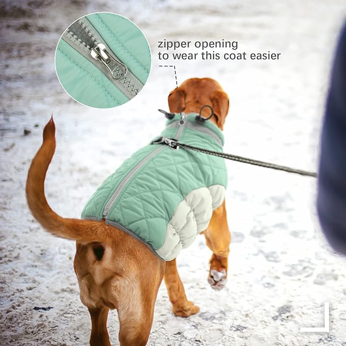 FUAMEY Dog Winter Jacket,Dog Cold Weather Coats Paded Dog Vest with Harness Built in Pet Warm Clothes Dog Apparel with Back Zipper Dog Water Resistant Coat for Small Medium Large Dogs Mint Green S - PAWPICO