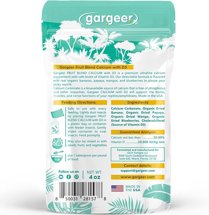 4oz All Reptile Calcium with Vitamin D3, Phosphorus-Free, Ultrafine Powder. Pure dust, Real Fruits Blend Flavored Ready to Use Supplement, for Lizards & Amphibians. Made in The USA. Enjoy ! Gargeer