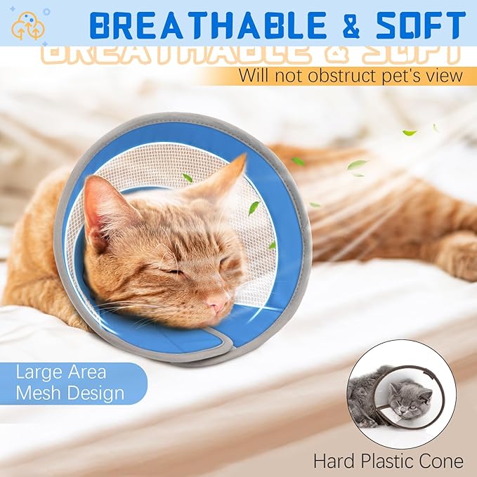 Cat Cone, Breathable Cat Cone Collar Soft, Adjustable Cat Cone to Stop Licking, Water Resistant Neck Cone for Cats with Air Mesh, Protective Cat Recovery E Collar for Cat Kitten(Blue,M-8 GoGoPaw