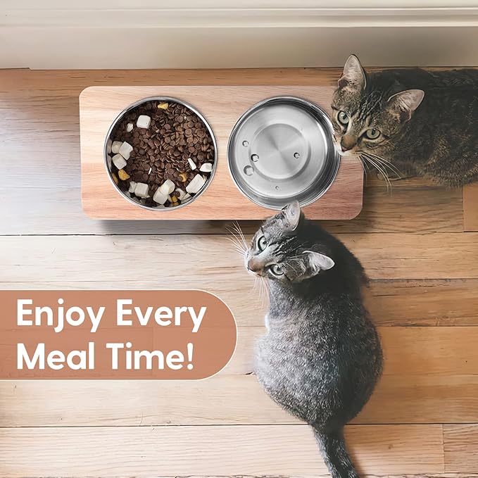Elevated Cat Bowls, 15° Tilted Raised Cat Food Bowls Wood Pet Bowls with Stand Anti Vomiting 2 Stainless Steel Bowls for Cats and Puppy - PAWPICO