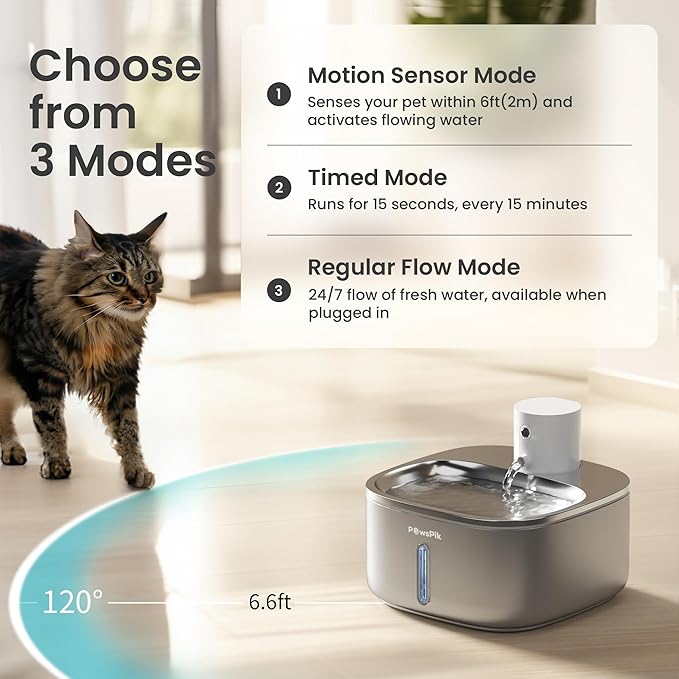 Stainless Steel Cat Water Fountain,108oz/3.2L Cat Water Dispenser, Battery Operated Dog Fountain, Water Bowl, Automatic Pet Fountain with Motion Sensor, 5000 mAh Battery - PAWPICO
