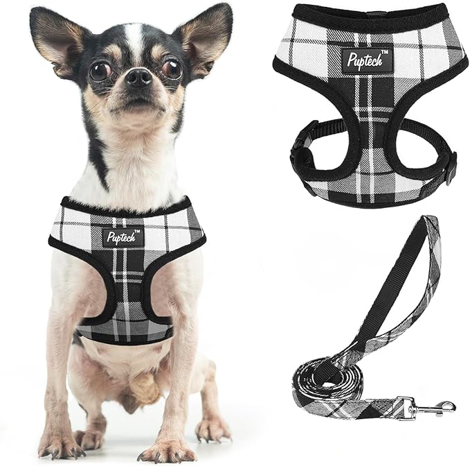 PUPTECK Soft Mesh Dog Harness and Leash Set Pet Puppy Cat Comfort Padded Vest No Pull Harnesses, Black&White, XS PUPTECK