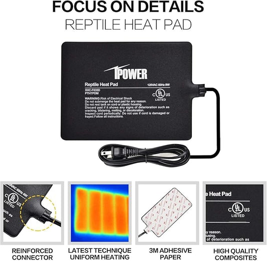 iPower Reptile Heat Pad Under Tank Terrarium Warmer Heating Mat for Turtle, Lizard, Frog, Snake, Reptile, and Other Small Animals, 6X8 Inch, 8W Black iPower