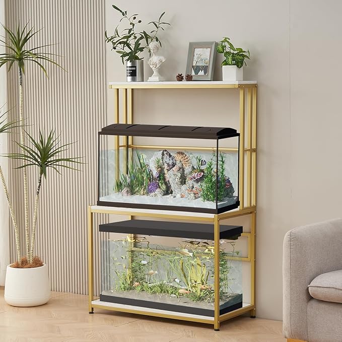 Fish Tank Stand for up to 20-29 Gallon Aquarium, Aquarium Stand with Plant Shelf, Metal Reptile Terrarium Stand with Accessories Storage Fits Aquarium, Turtle Tank or Reptile Terrariums Keslecy