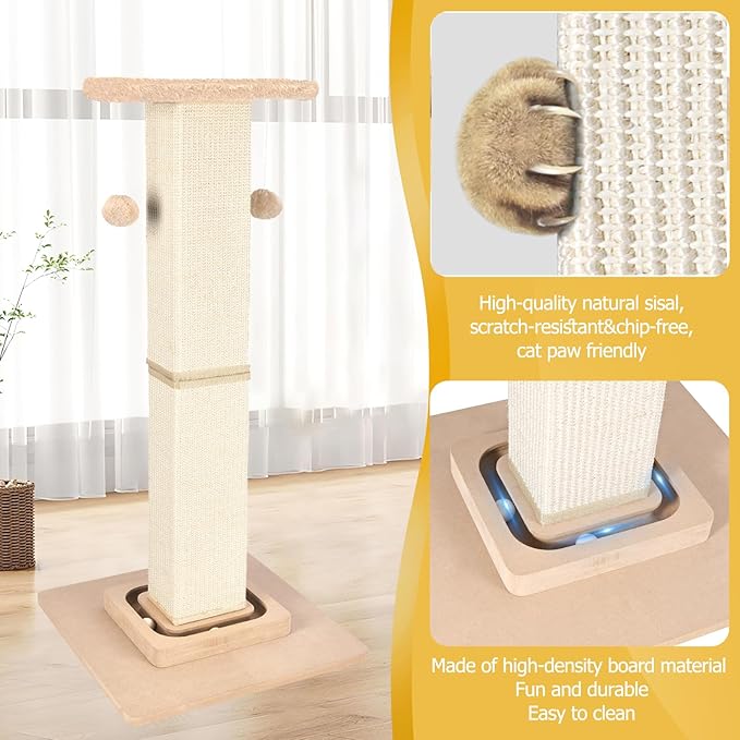 Cat Scratching Post,33 Inches Heavy Duty and Thicker Cat Scratching Posts for Indoor Cats Adults,Tall Cat Scratching Post with Interactive Toys and Hanging Ball, Protect Your Furniture, Beige - PAWPICO