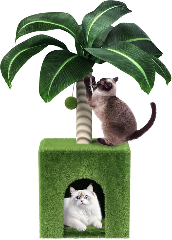 Cat Scratching Post with Condo, Palm Cat Tree Tower Natural Sisal Cat Scratcher Cat Bed Cat Furniture for Kittens and Cats - PAWPICO