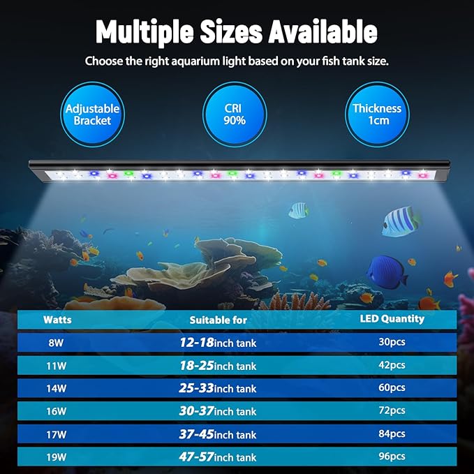 Aquarium Light for Fish Tank, Full Spectrum Aquarium LED Plant Light with Extendable Brackets, Suitable for 30-37 Inch Freshwater Tanks, White Blue Red Green Pink LEDs KINGDANS