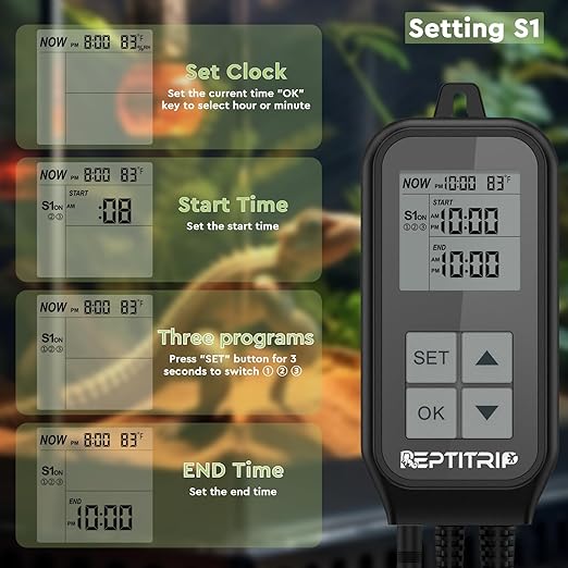 Reptile Thermostat, Reptile Light Timer for Temperature and Lighting Control, Day-Night Timer Thermostat with Reptile Thermometer for UVB Light, Heat Lamp, Heating Pad, 10A 1250w REPTITRIP