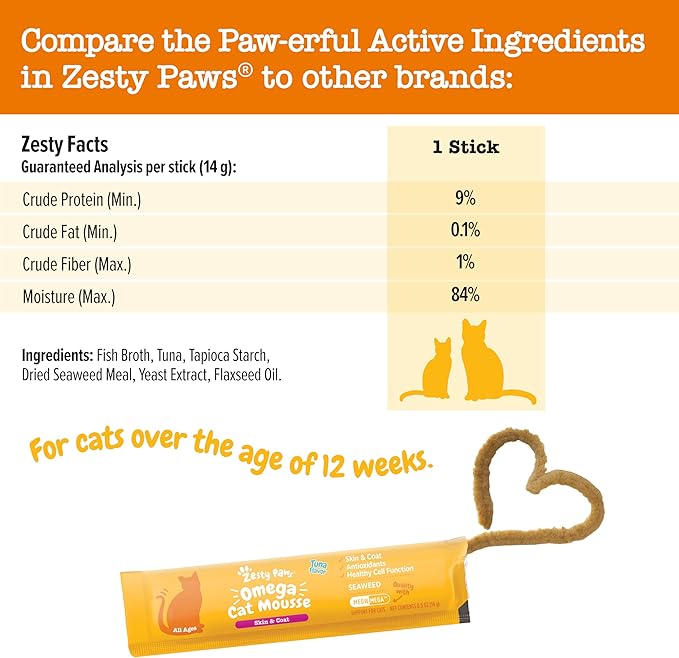 Zesty Paws Omega Cat Mousse Squeezable Cat Treats - with Seaweed, Omega Fatty Acids, Antioxidants Vitamins & Minerals - Skin & Coat Support for Cats - Tuna Fish Flavor - 18 Count ZestyPaws